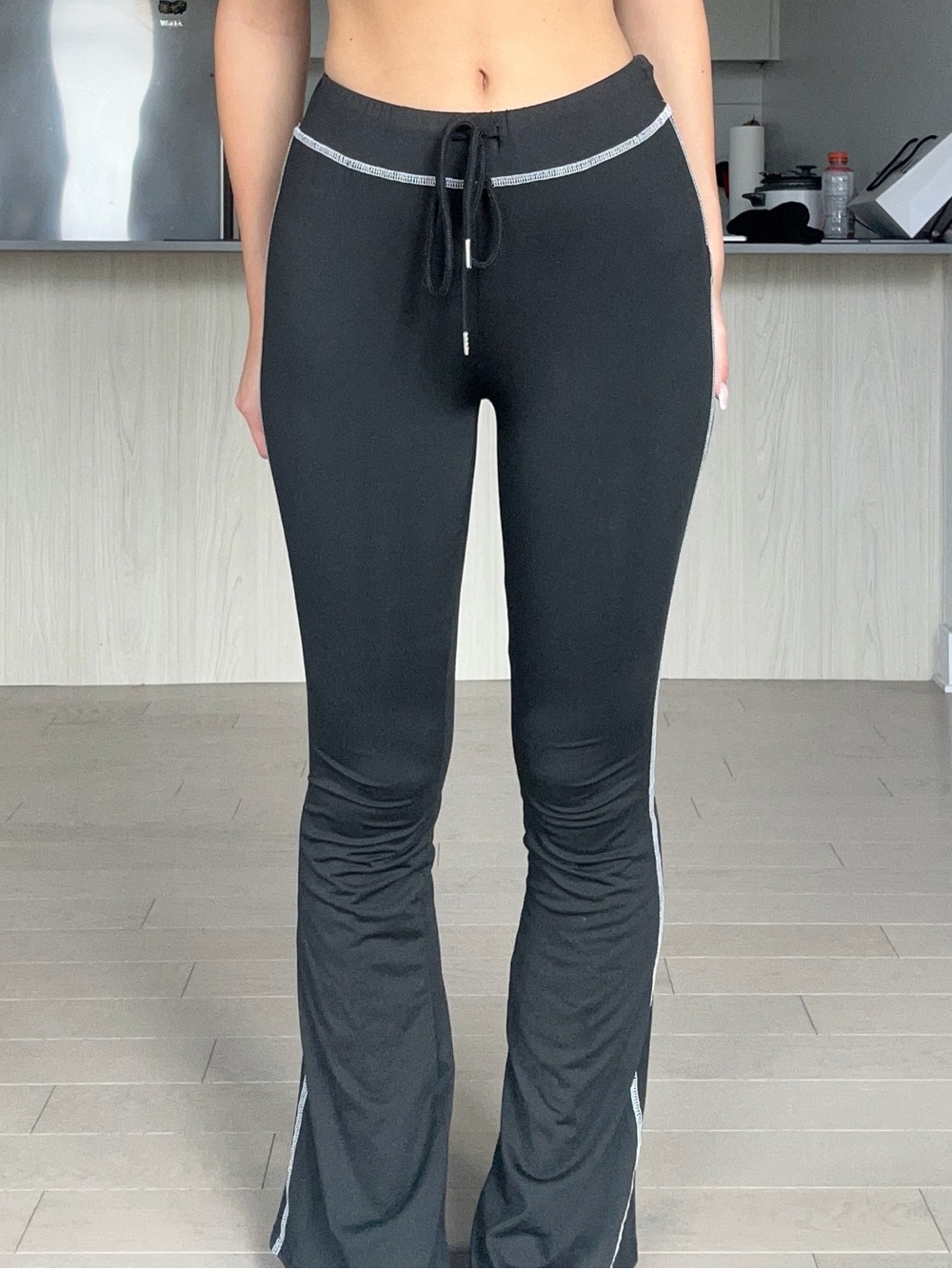 SHEIN Black Drawstring Flare Leggings with Reflective Trim